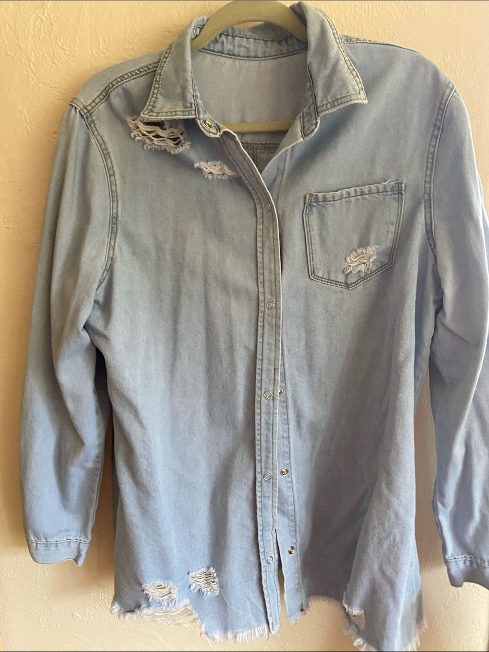 Light Blue Distressed Denim Button-Down Shirt
